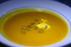 Kabocha squash soup, whipped buttermilk, and toasted pumpkin seed
